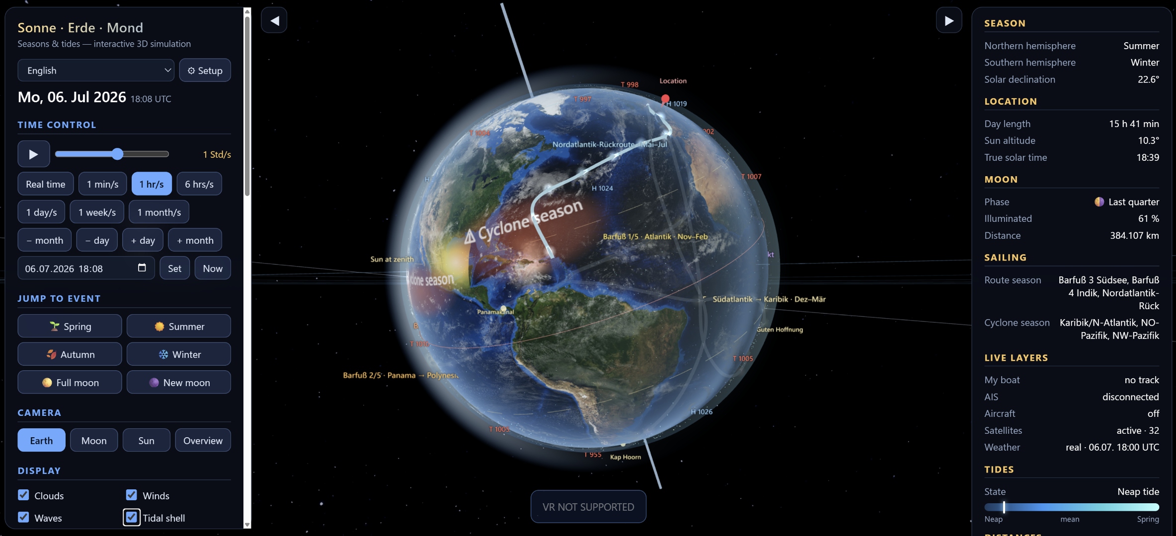 Habiterra browser app with 3D globe, time controls, seasonal data and live layers