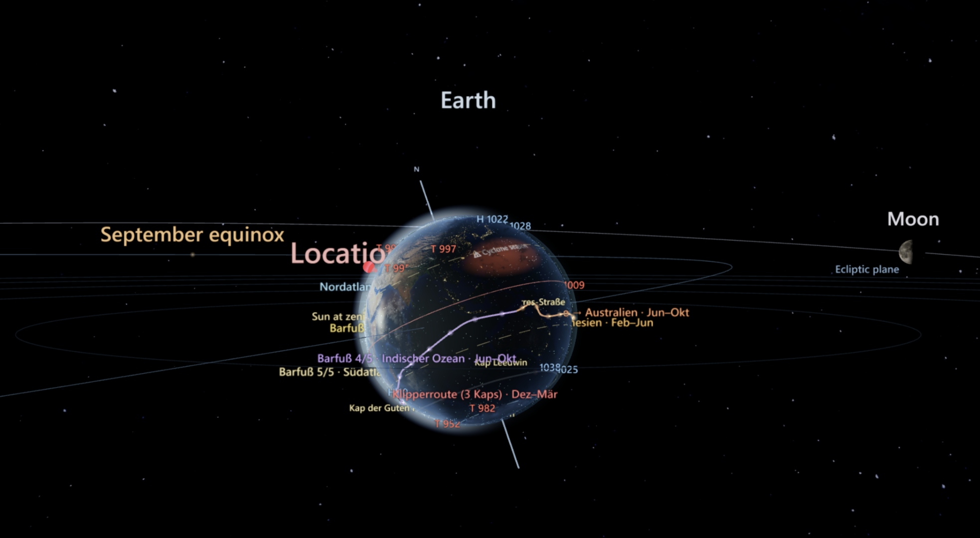Habiterra orbital view showing Earth, Moon, equinox line and route overlays